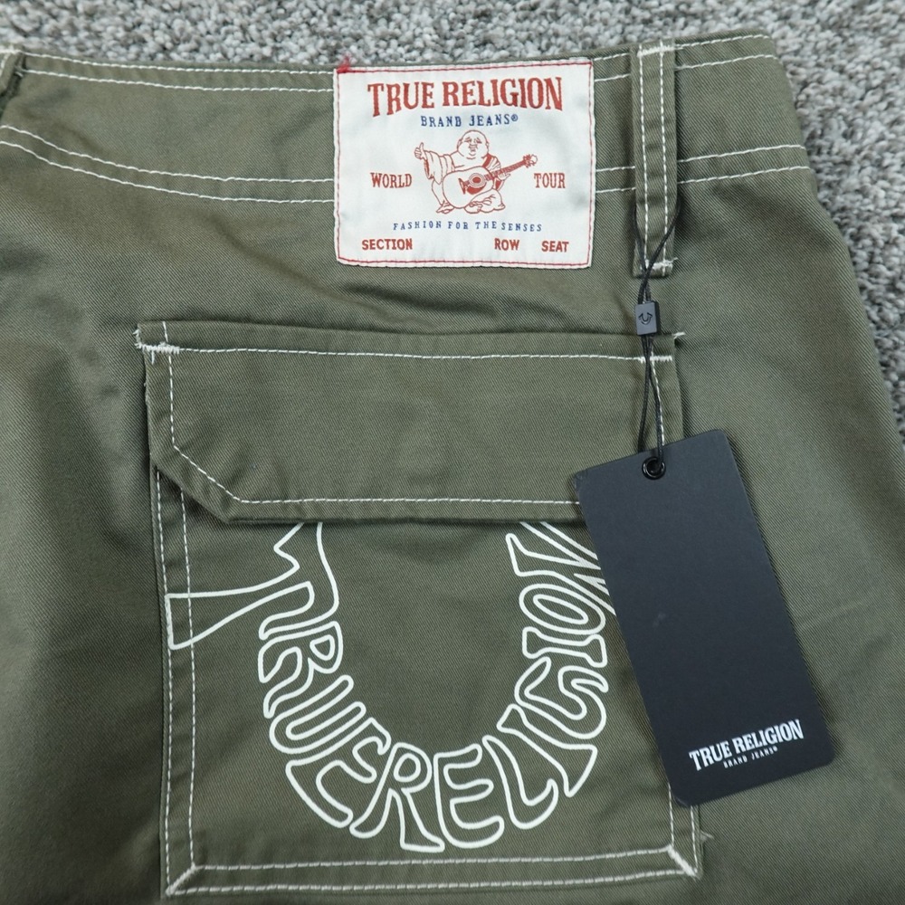 NEW True Religion Pants Mens 36X32 Green Cargo Baggy White Contrast Stitch Y2K